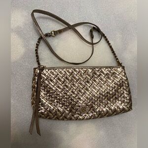 Elliot Lucca~Vtg~Metallic~Bronze/Gold/Taupe~Woven~Soft Leather~Crossbody~Handbag